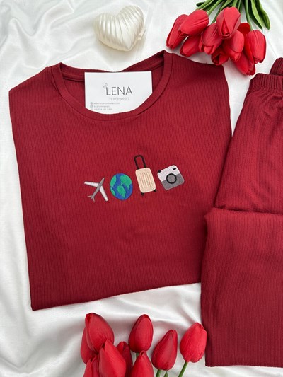 Bordo Seyehat Kısa Kollu Pijama Takımı 