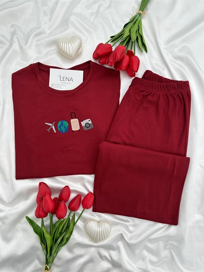 Bordo Seyehat Kısa Kollu Pijama Takımı 
