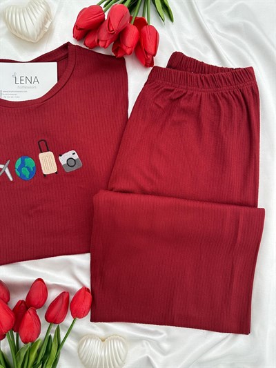 Bordo Seyehat Kısa Kollu Pijama Takımı 