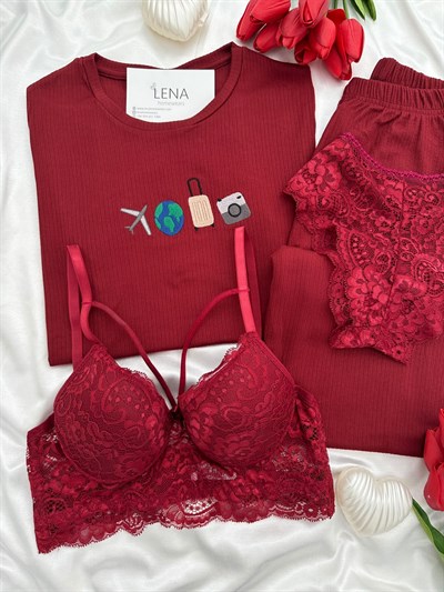 Bordo Seyehat Nakışlı Pijama & Çamaşır Seti 