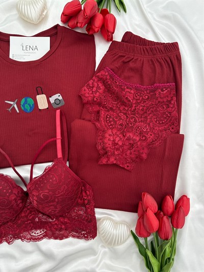 Bordo Seyehat Nakışlı Pijama & Çamaşır Seti 