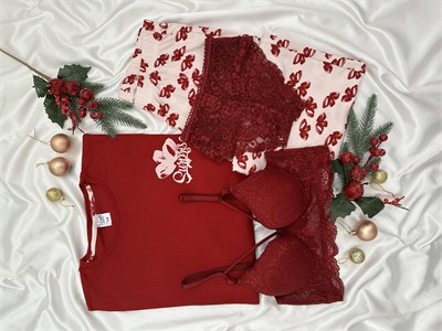 Bordo Surprise Kurdele Desenli 4lü Berlin Pijama Takımı