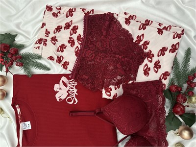 Bordo Surprise Kurdele Desenli 4lü Berlin Pijama Takımı