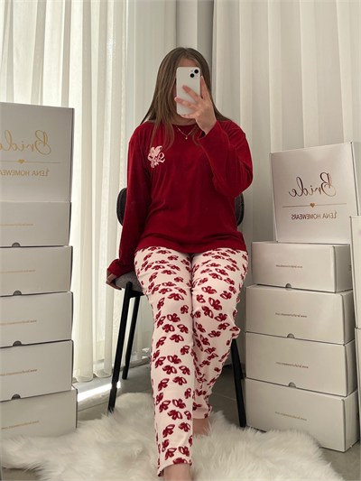 Bordo Surprise Kurdele Desenli Berlin Pijama Takımı
