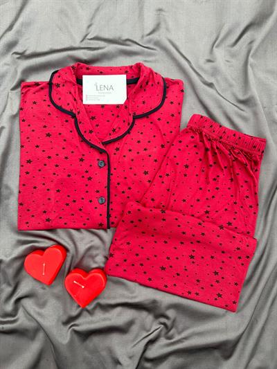 Bordo Yıldız Desenli Anne Pijama Takımı
