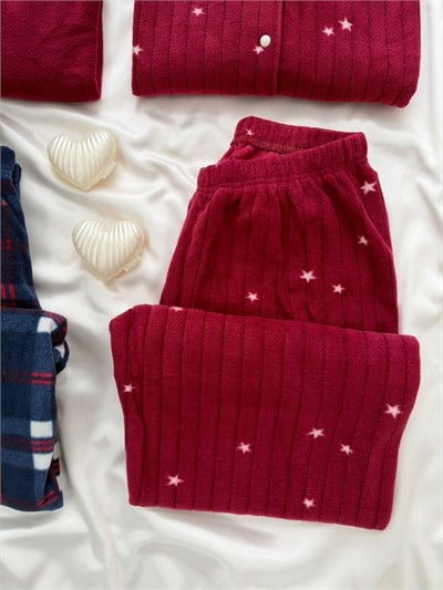 Bordo Yıldız & Lacivert Ekose Sevgili Çift Uzun Kollu Pijama Takımı (2Lİ SET)