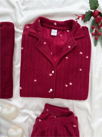 Bordo Yıldız & Lacivert Ekose Sevgili Çift Uzun Kollu Pijama Takımı (2Lİ SET)