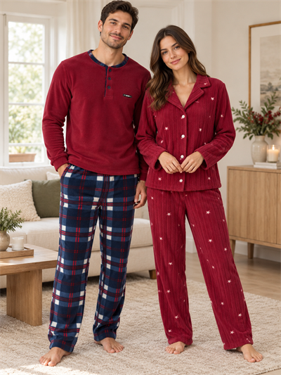 Bordo Yıldız & Lacivert Ekose Sevgili Çift Uzun Kollu Pijama Takımı (2Lİ SET)