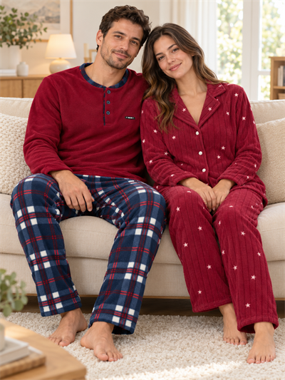 Bordo Yıldız & Lacivert Ekose Sevgili Çift Uzun Kollu Pijama Takımı (2Lİ SET)