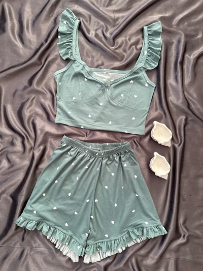 Çağla Kalp Desenli Milan Şortlu Pijama Takımı