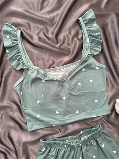 Çağla Kalp Desenli Milan Şortlu Pijama Takımı