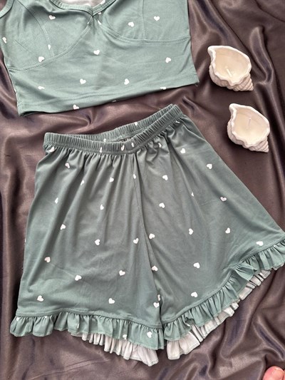 Çağla Kalp Desenli Milan Şortlu Pijama Takımı