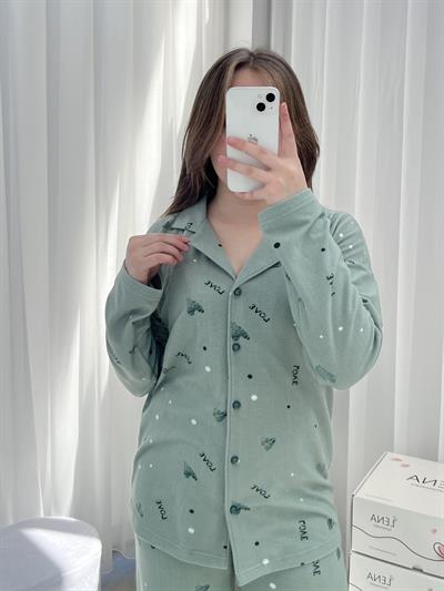 Çağla Love Desenli Düğmeli Termosoft Pijama Takımı