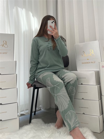 Çağla Yaprak Desenli Waffle Pijama Takımı