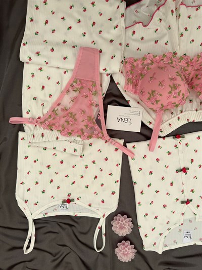 Cennet Çiçek Desenli Ekru 6lı Oslo Pijama Seti