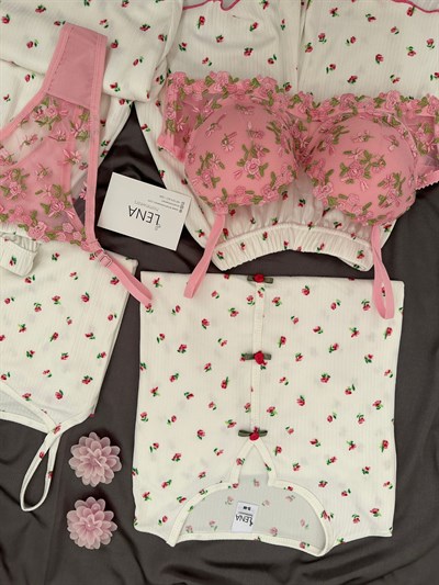 Cennet Çiçek Desenli Ekru 6lı Oslo Pijama Seti