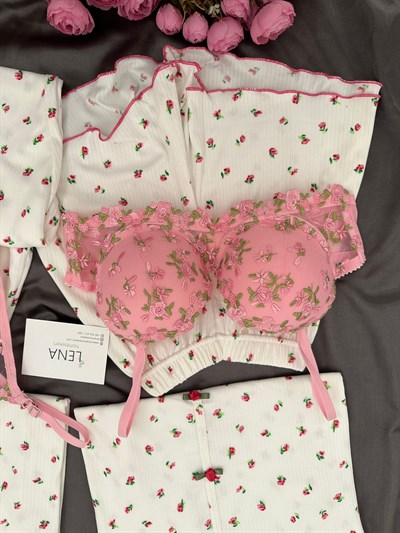 Cennet Çiçek Desenli Ekru 6lı Oslo Pijama Seti