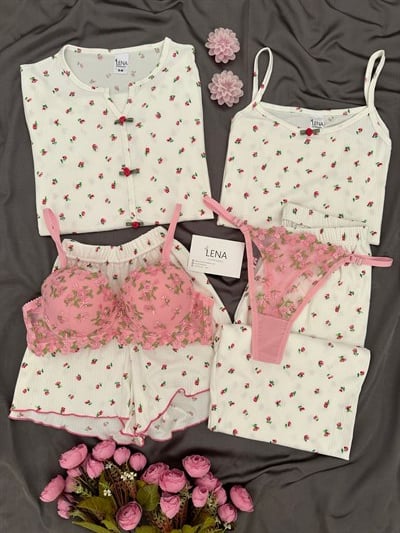 Cennet Çiçek Desenli Ekru 6lı Oslo Pijama Seti