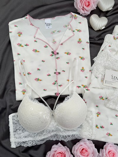 Çiçek Buketi Desenli Ekru Oslo Dörtlü Pijama Takımı