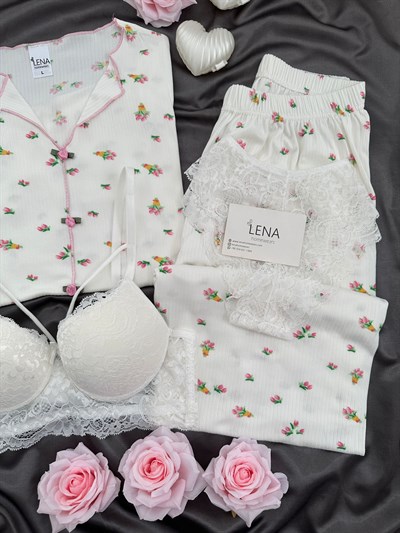 Çiçek Buketi Desenli Ekru Oslo Dörtlü Pijama Takımı