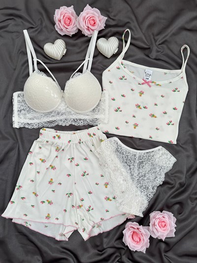 Çiçek Buketi Dörtlü Şortlu Pijama Takımı