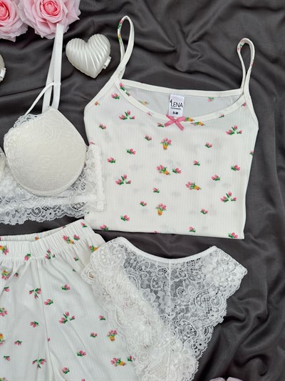 Çiçek Buketi Dörtlü Şortlu Pijama Takımı
