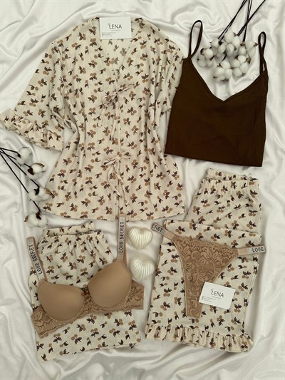 Çiçek Dalı İç Çamaşırlı 6lı Pijama Takımı