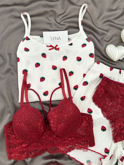 Çilek Desenli Dörtlü Şortlu Pijama Takımı