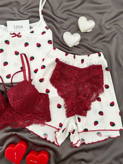 Çilek Desenli Dörtlü Şortlu Pijama Takımı