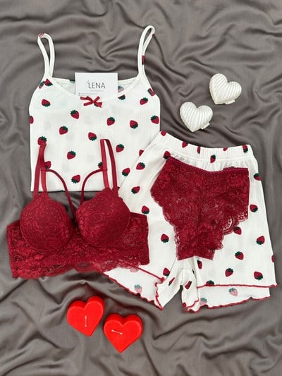 Çilek Desenli Dörtlü Şortlu Pijama Takımı