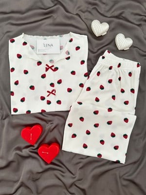 Çilek Desenli Ekru Oslo Kısa Kollu Pijama Takımı