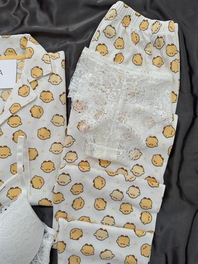 Civciv Desenli Düğmeli Dörtlü Pijama Seti 🐥