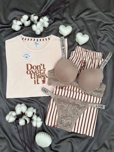 Çizgili Ayıcık Dörtlü Pijama & Çamaşır Seti
