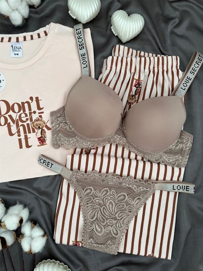 Çizgili Ayıcık Dörtlü Pijama & Çamaşır Seti