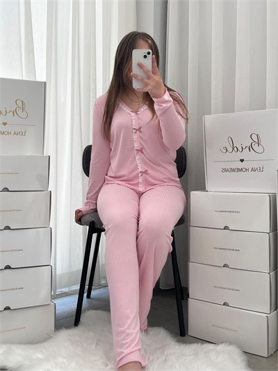 Dantella Pembe Uzun Kollu Pijama Takımı