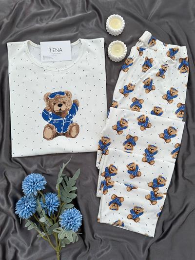 Ekru Ayıcık Desenli Bisiklet Yaka Pijama Takımı