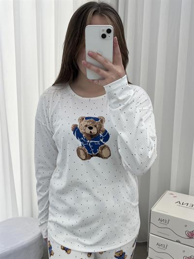 Ekru Ayıcık Desenli Bisiklet Yaka Pijama Takımı