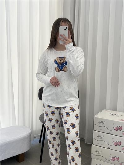 Ekru Ayıcık Desenli Bisiklet Yaka Pijama Takımı