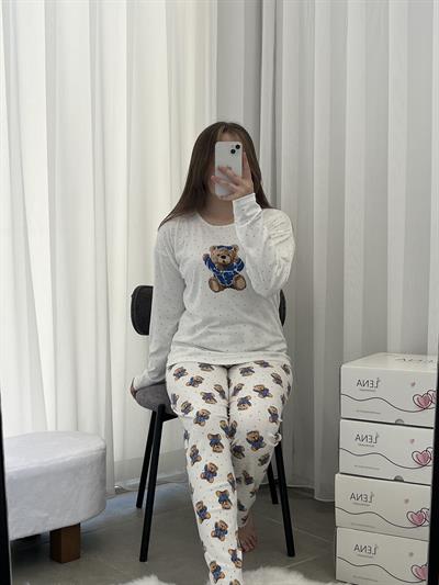 Ekru Ayıcık Desenli Bisiklet Yaka Pijama Takımı