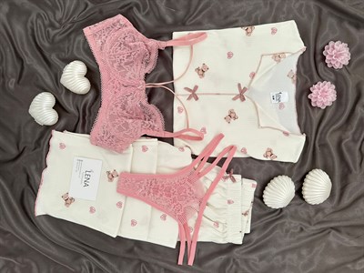 Ekru Ayıcık Desenli Dörtlü Crop Pijama Takımı