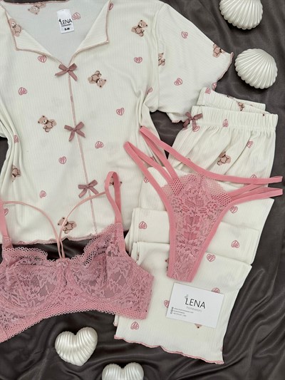 Ekru Ayıcık Desenli Dörtlü Crop Pijama Takımı