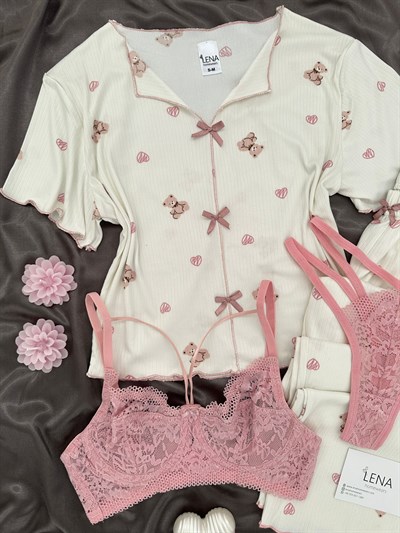 Ekru Ayıcık Desenli Dörtlü Crop Pijama Takımı