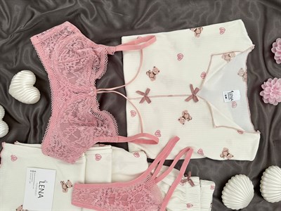 Ekru Ayıcık Desenli Dörtlü Crop Pijama Takımı