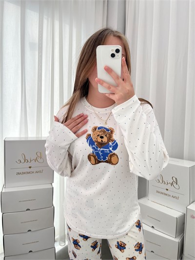 Ekru Ayıcık Desenli Dörtlü Pijama Seti
