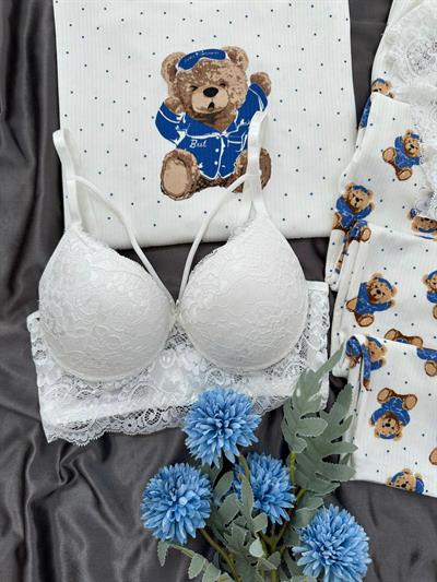 Ekru Ayıcık Desenli Dörtlü Pijama Seti