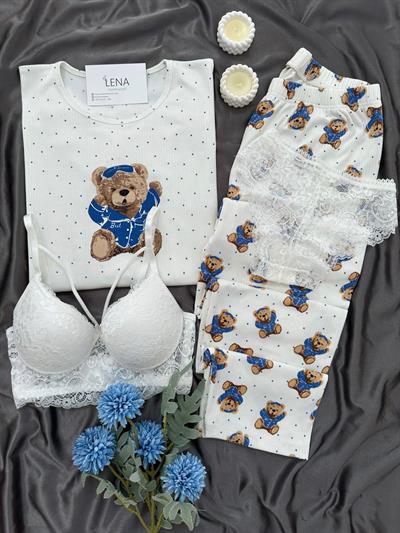Ekru Ayıcık Desenli Dörtlü Pijama Seti