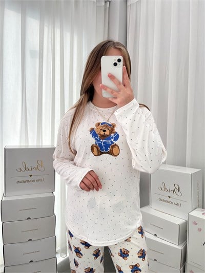 Ekru Ayıcık Desenli Dörtlü Pijama Seti
