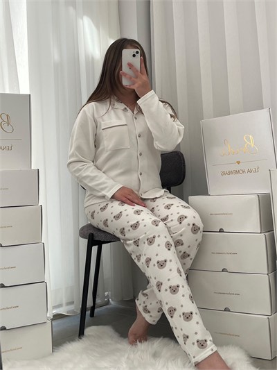 Ekru Ayıcık Desenli Düğmeli Waffle Pijama Takımı