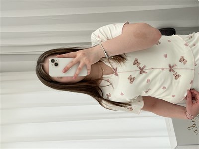 Ekru Ayıcık Desenli Fiyonklu Crop Pijama Takımı