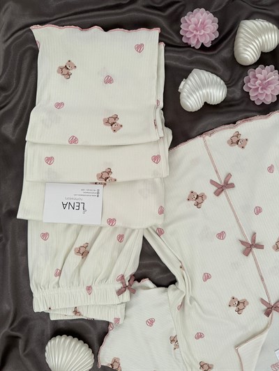 Ekru Ayıcık Desenli Fiyonklu Crop Pijama Takımı